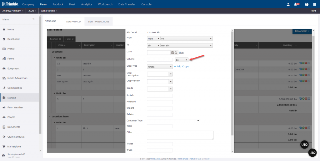 Screenshot of the Modal Window with the pulldown defaulting to the bin capacity